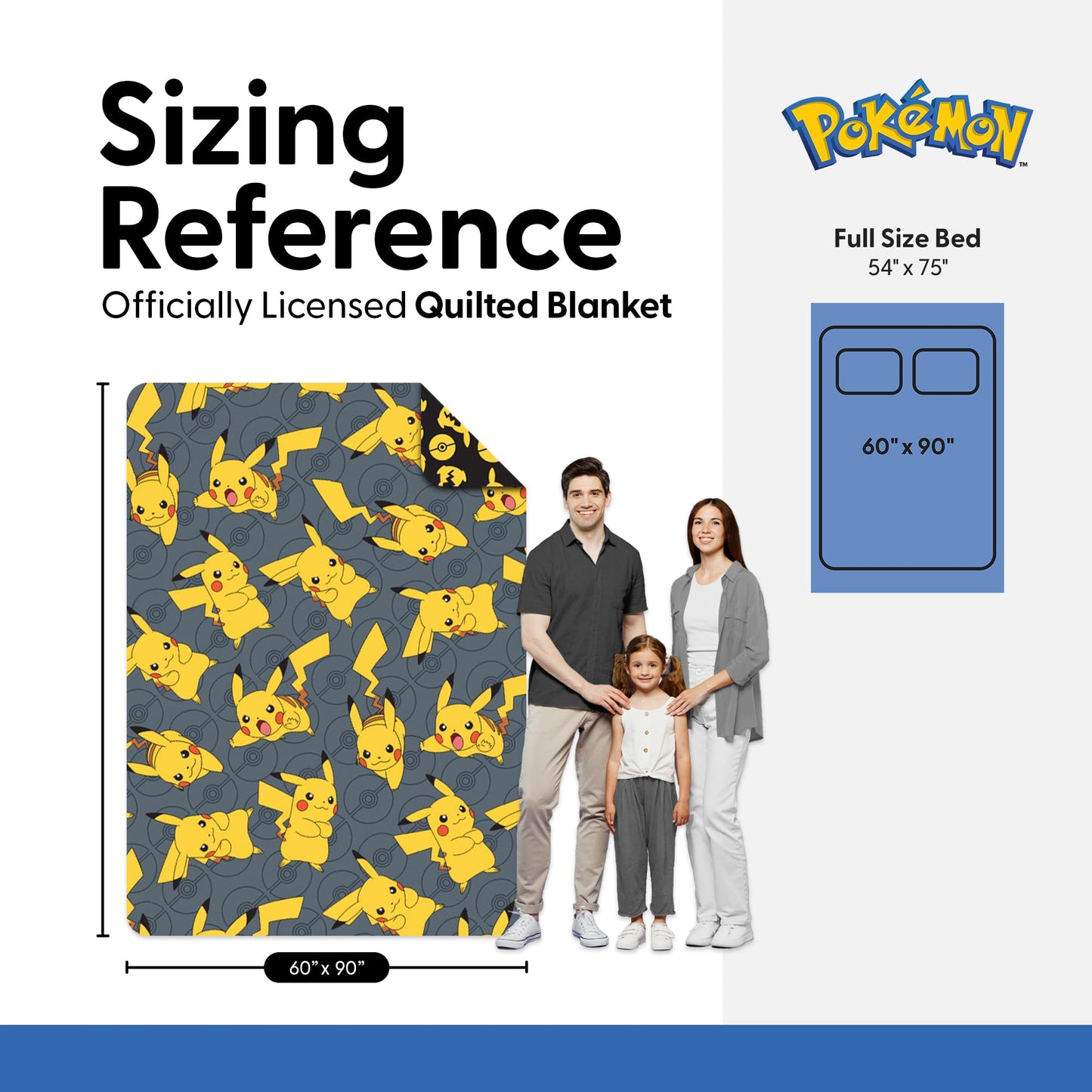 Northwest Pokemon Company Reversible Twin Quilted Blanket - Pikachu & Pokeball Pattern for Anime Fans, Cozy Blanket for Bed, Game Room or Couch, 60x90 inches