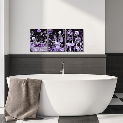 FuShvre Skeleton Bathroom Decor Moody Skeleton Wall Art Pictures for Bathroom Gothic Painting for Home Decoration Framed 12x16 inch each piece (Purple)