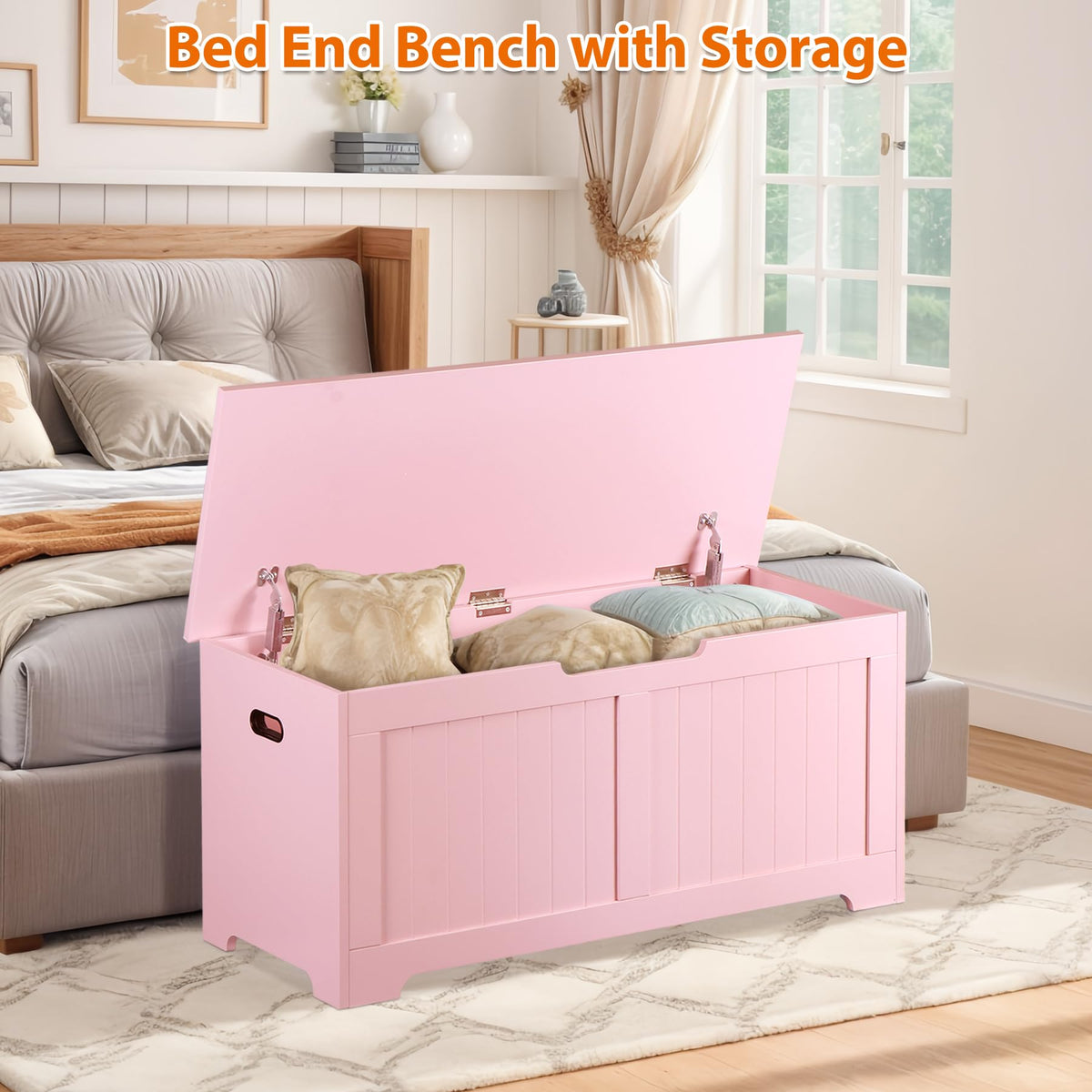 Saicool Wooden Storage Chest,30/40 Inch Storage Trunk w/2 Safety Hinges, Storage Bench, Modern Lift Top Chest Box Organizer (Pink, 40 Lx 15.7 W x19 H Inch)