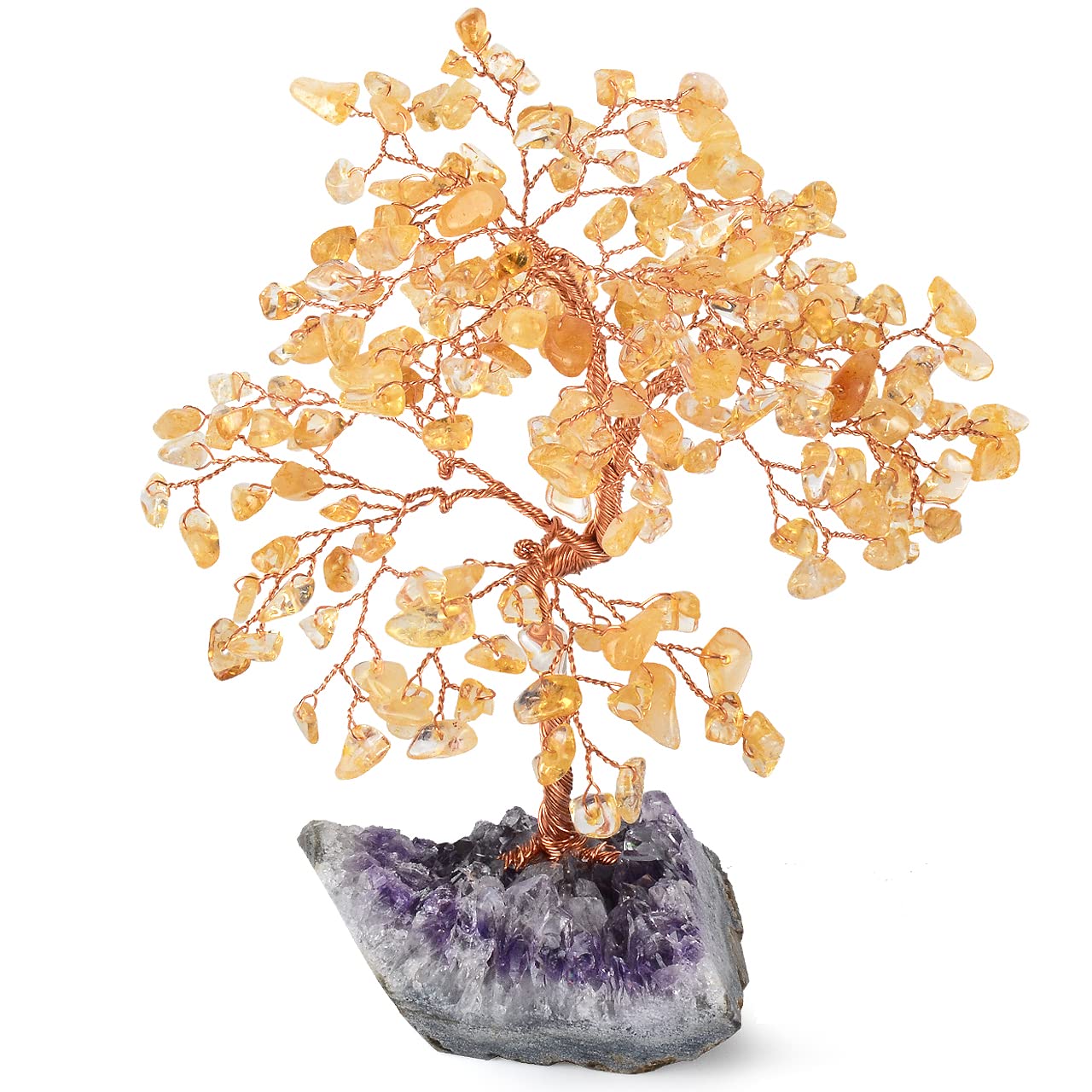 MASGEMES Natural Citrine Crystal Tree with Amethyst Geode Base,Crystal Ornaments Feng Shui Bonsai Money Tree,Chakra Balancing Positive Energy Figurings Decor 5.5"-6.3"