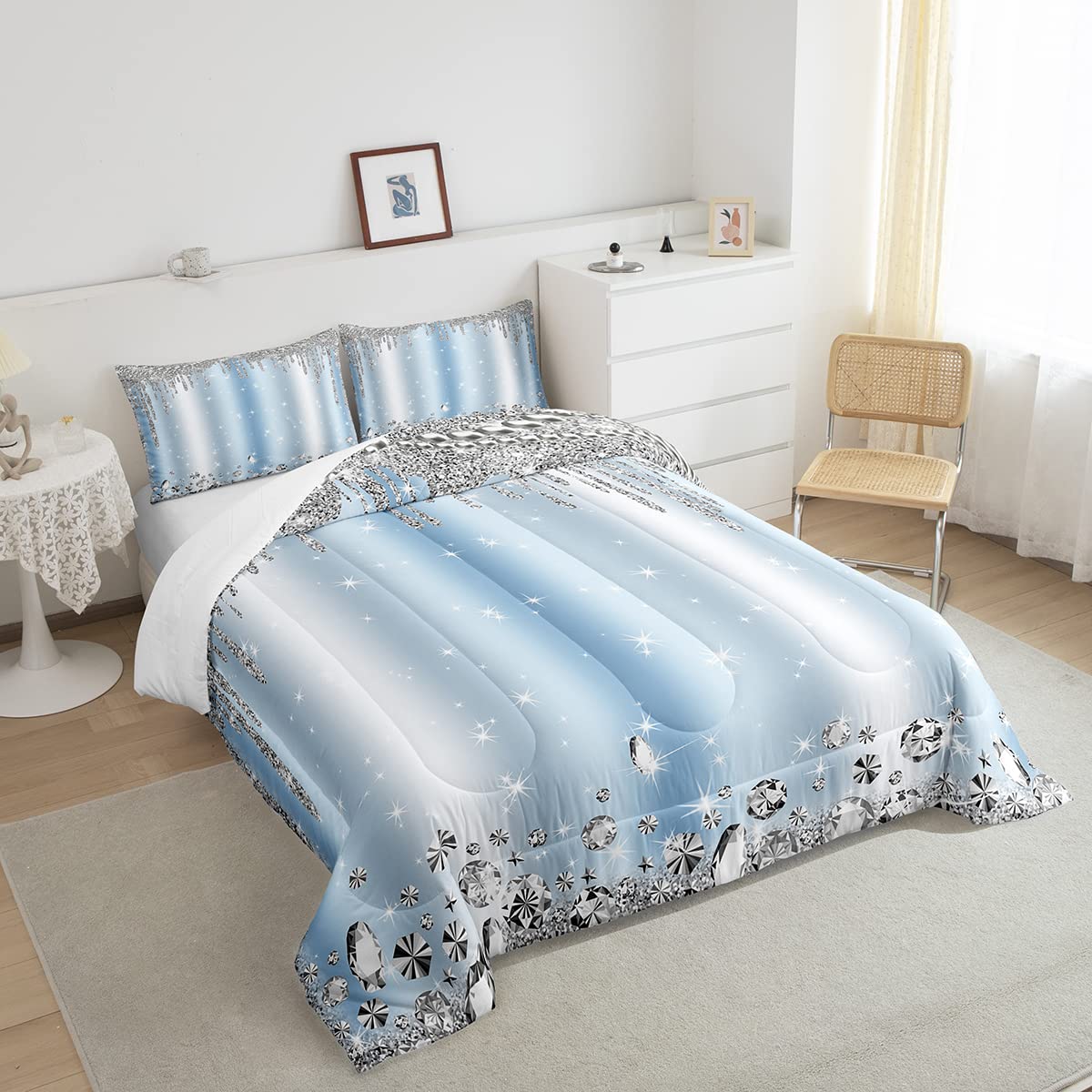 Silver Glitter Bedding Set (No Glitter) Bling Party Decorations Sky Blue Comforter Set for Kids Boys Girls Teens Diamond Jewelry Quilted Duvet Room Decor Galaxy Sparkling Bedspread Queen,3pcs