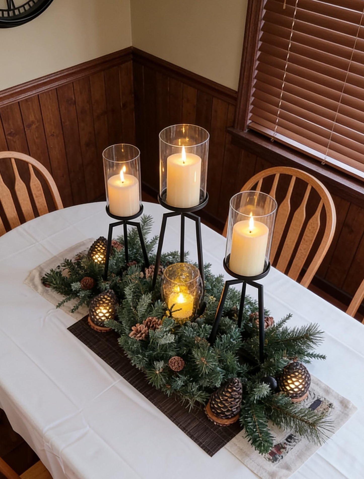 Sziqiqi Pillar Candle Holders Black: Set of 3 Metal Candleholder - Geometric Candle Stands with Hurricane Glass for Indoor Outdoor Dining Table Decor