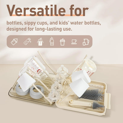 Baby Bottle Brush Set, 6-in-1 Travel Bottle Cleaning Kit with Silicone Bottle Brush, Nipple & Straw Brush, Soap Dispenser, Drying Rack, Storage Box – Compact Travel Baby Essential for Home & On-The-Go