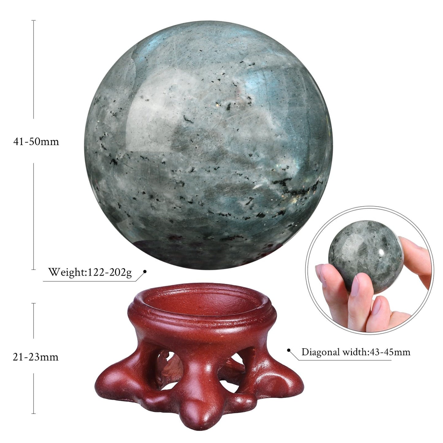 Nupuyai Natural Moonstone Crystal Ball with Resin Stand, Healing Crystal Sphere for Home Decor 1.61"-1.97"(41mm-50mm)