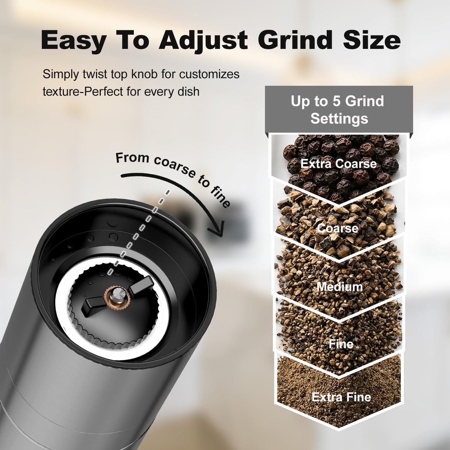 Aelga Salt and Pepper Grinder Set - 4oz Glass Manual Pepper Mill with 5-Level Adjustable Coarseness, Refillable Salt Grinder for Kitchen, Modern Kitchen Gift Set with Silicone Funnel