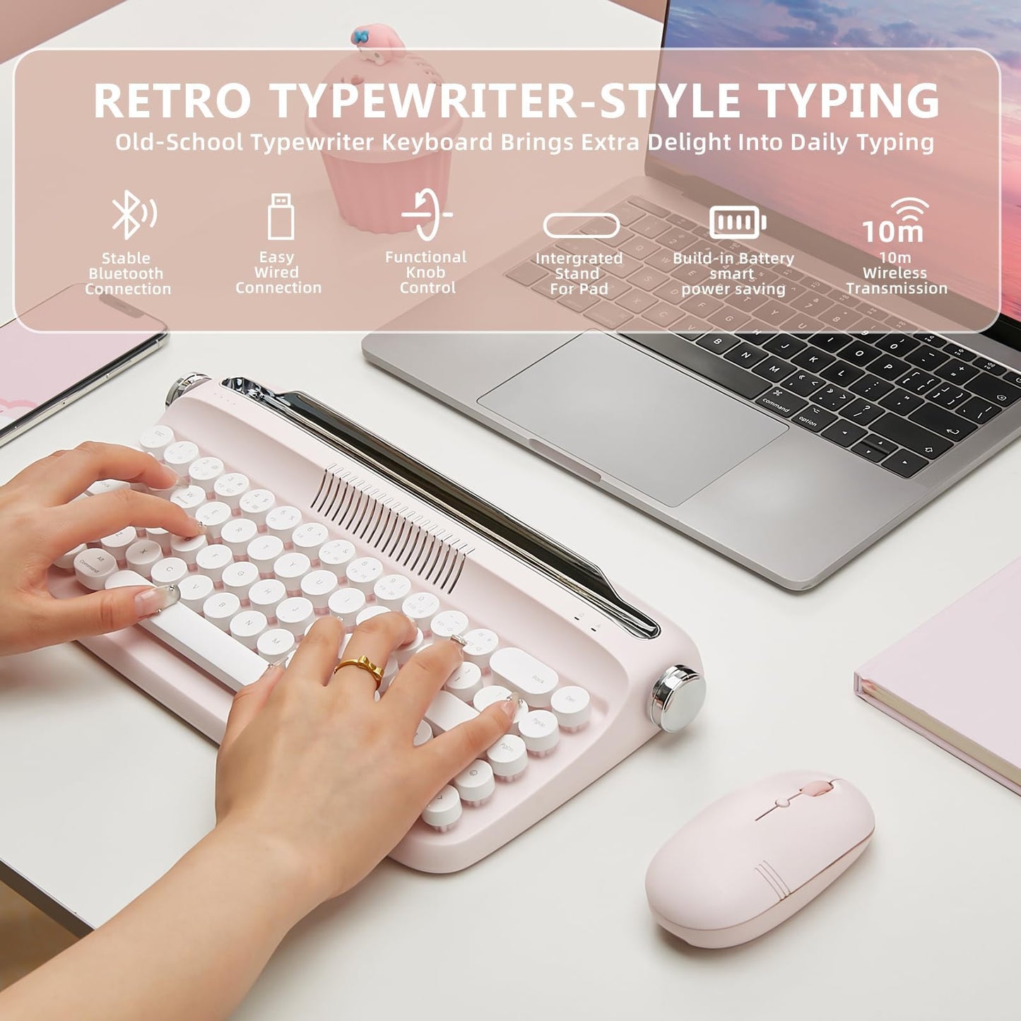 YUNZII Upgraded Wireless Typewriter Keyboard,with Retro Integrated Stand,USB-C/Bluetooth,Cute Round Keycaps, USB-C/Bluetooth Connection for Table, Phone, PC and Win/Mac/Android (B309, Baby Pink)