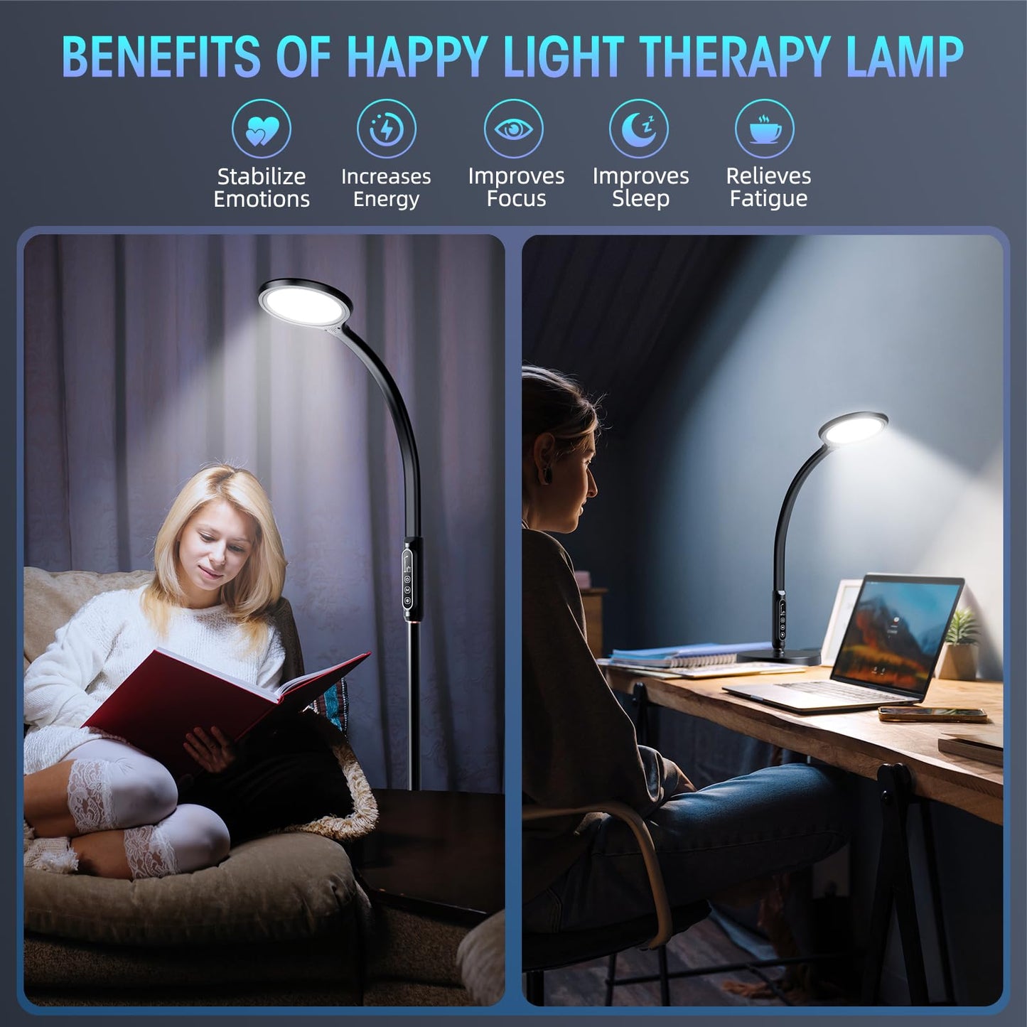 FBBJFF Happy Light Therapy lamp 11000 Lux, LED UV-Free Sunlight lamp,Full Spectrum Happy Therapy lamp with 10 Adjustable Brightness Levels, 2 in 1 Retractable Floor Sad Lamp (Black)