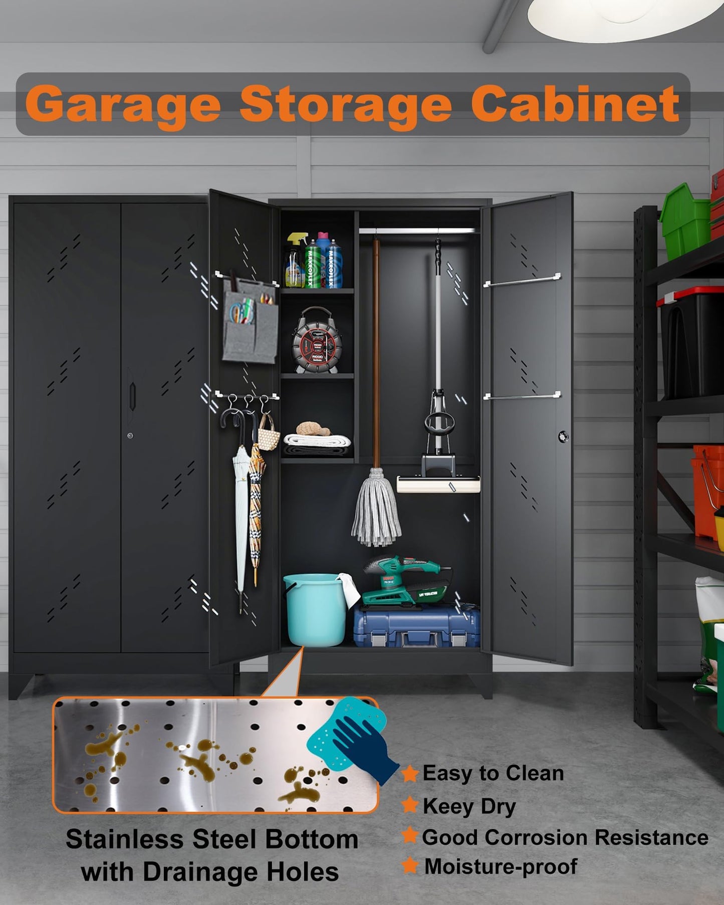 OSEILLC Metal Storage Cabinet with Locking Doors, 75" Tall Garage Cabinet with Hanging Rod, Broom Closet/Freestanding Bathroom Storage Cabinet, Cleaning Tool Storage