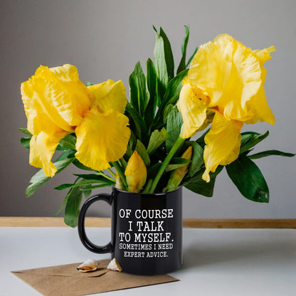 YHRJWN Funny Coffee Mug Of Course I Talk To Myself Sometimes I Need Expert Advice Novelty Gift for Coworker Friends Boss Christmas Thanksgiving Gifts for Men Women Ceramic Coffee Cup 11 Oz Black