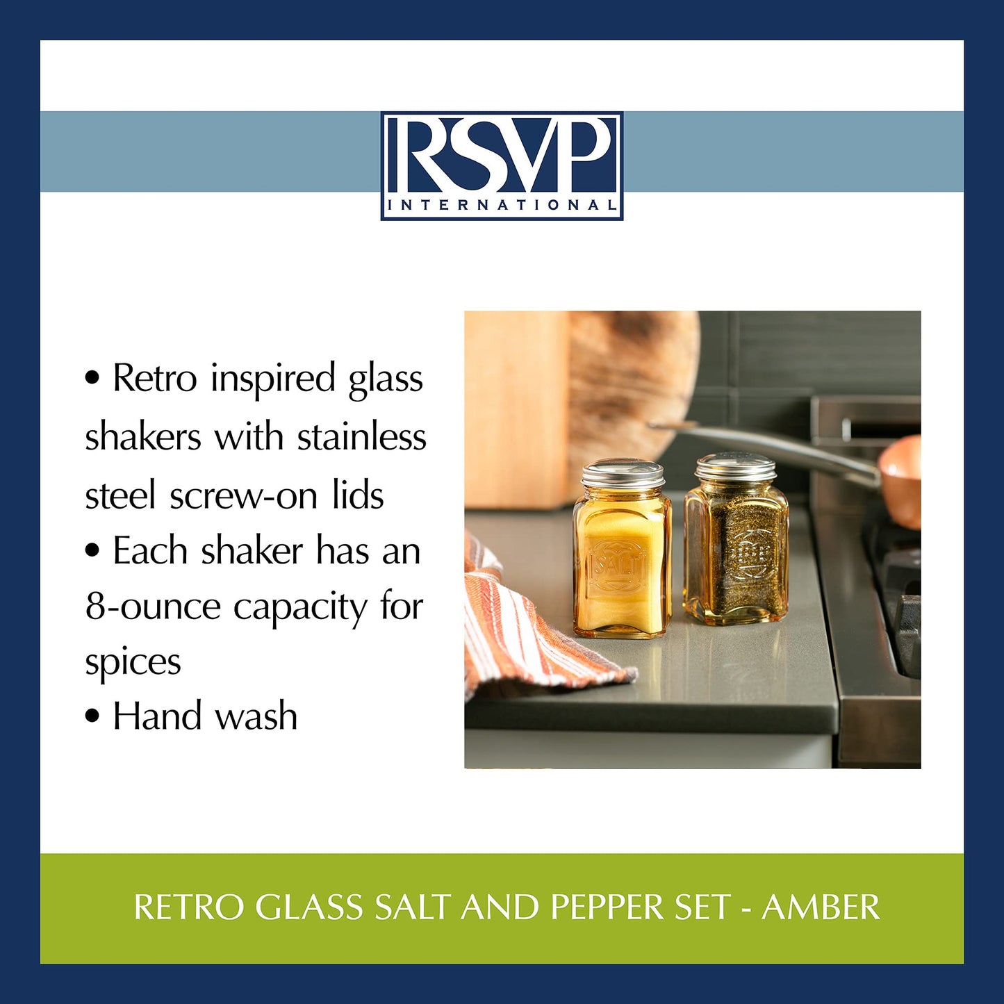 RSVP International Jumbo Retro Glass Salt & Pepper Shaker, Screw On Stainless Steel Lid, Each Shaker Holds 8 Ounces, Amber, 2.25x2.25x4.3, 2 Piece