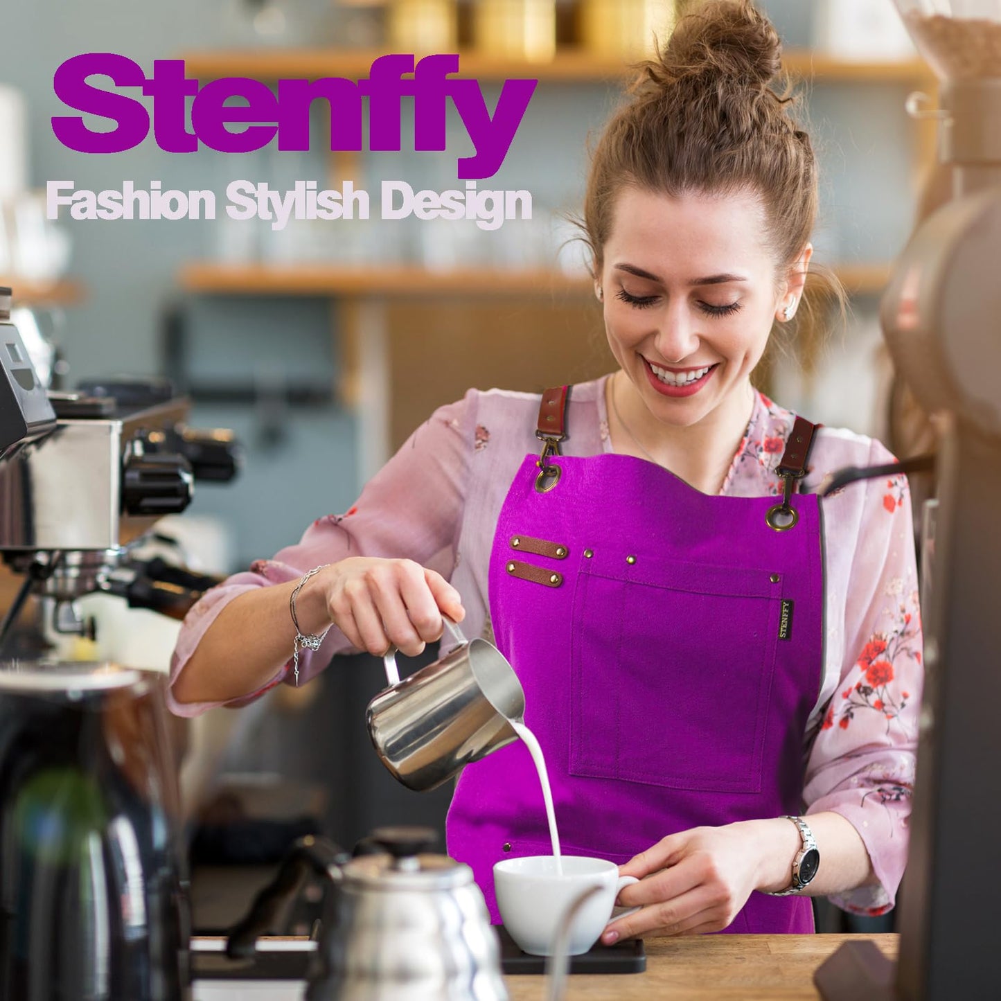 Stenffy Kitchen Apron, Work Apron, Canvas, Multiple Pockets, Gardening, Painting, BBQ, Carpenter, Sizes M to XXL, Purple
