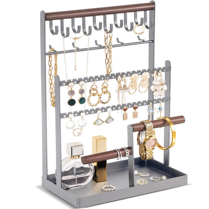 ProCase Jewelry Organizer Stand Necklace Organizer Earring Holder, 6 Tier Jewelry Stand Necklace Holder with 15 Hooks, Jewelry Tower Display Rack Storage Tree for Bracelets Earrings Rings -Grey