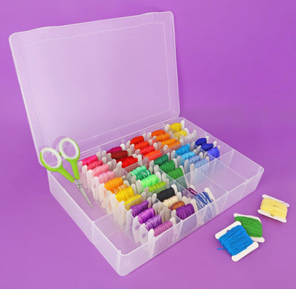 Essentials By Leisure Arts Embroidery Floss Organizer Box with 100 Bobbins, 17 Compartment Clear Storage Case with Living Hinge, Tangle Free Floss Storage, 10.63 x 7.19 x 1.75 Inch
