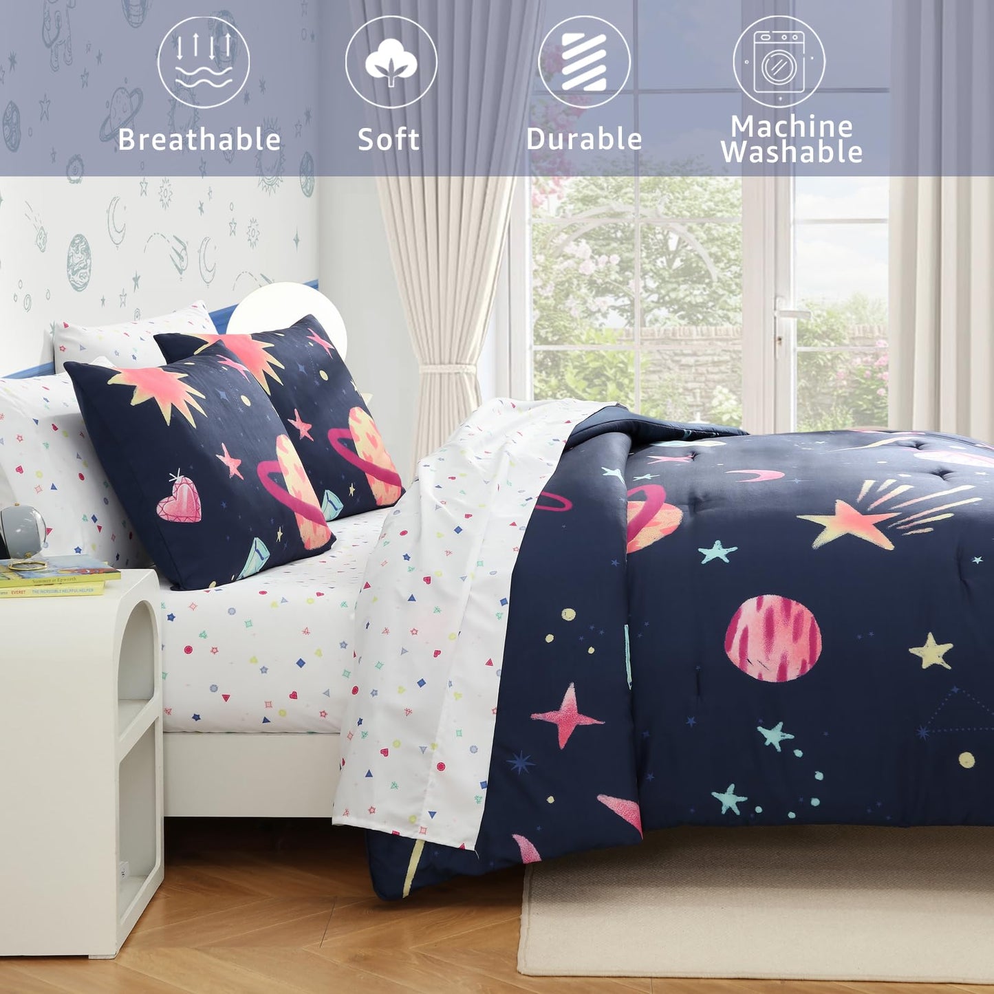AMBERSPACE Twin XL Comforter Sets Planet, Space Bedding Set for Girls Boys Teen, All Season Kids Bed in a Bag Dorm 5 Pieces with Sheets, Pillowcase & Sham