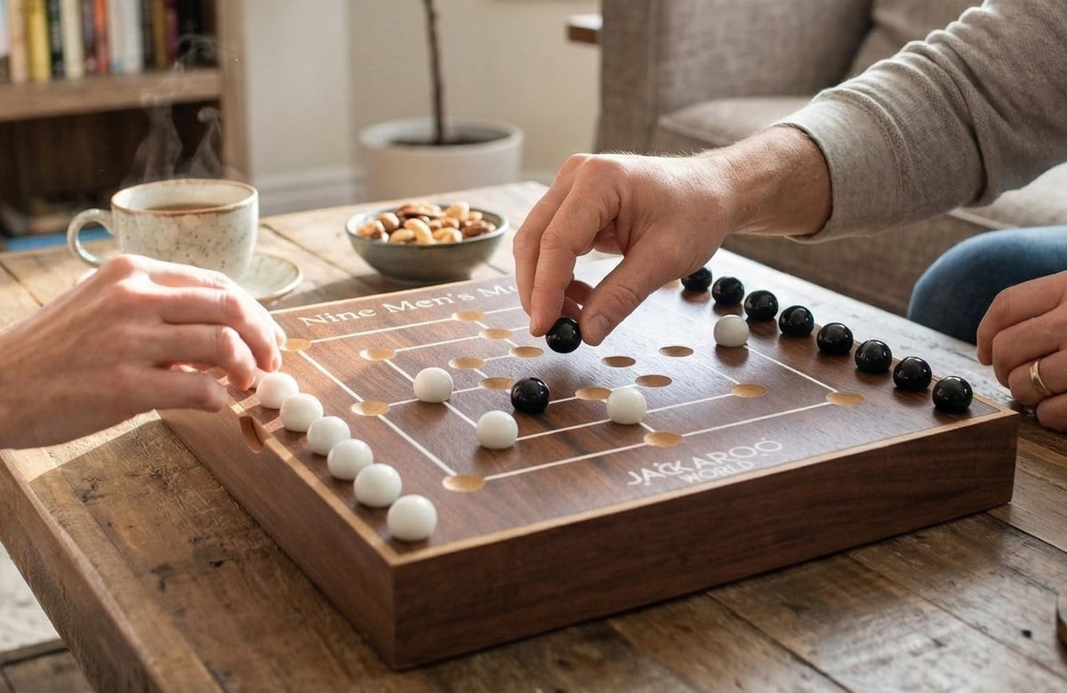 Jackaroo World Nine Mens Morris Board Game, Marble Strategy Game, Solid Wooden Game Set with 18 Marbles, 2 Player Games, Ancient Board Games, 9 Mens Morris Game Mill, Marble Board Game Wooden (Walnut)