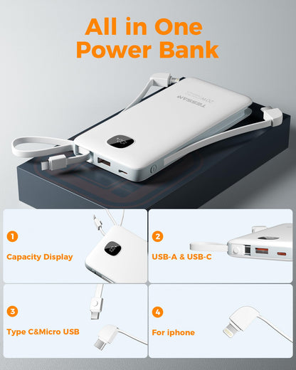 Portable Charger with Built in Cables,TESSAN 10000mAh Power Bank Fast Charging with Foldable Wall Plug Charger, PD20W Compact Battery Pack Travel Essentials for iPhone 17/16/15 Series,Samsung,Tablets