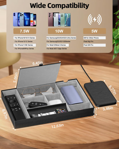 Leather Valet Tray with Wireless Charging Pad - Luxury EDC Nightstand Organizer for Men - Premium Desk Tray for Phone, Watch, Glasses & Keys - Sleek Office Desk Accessories & Gift for Him (Black)