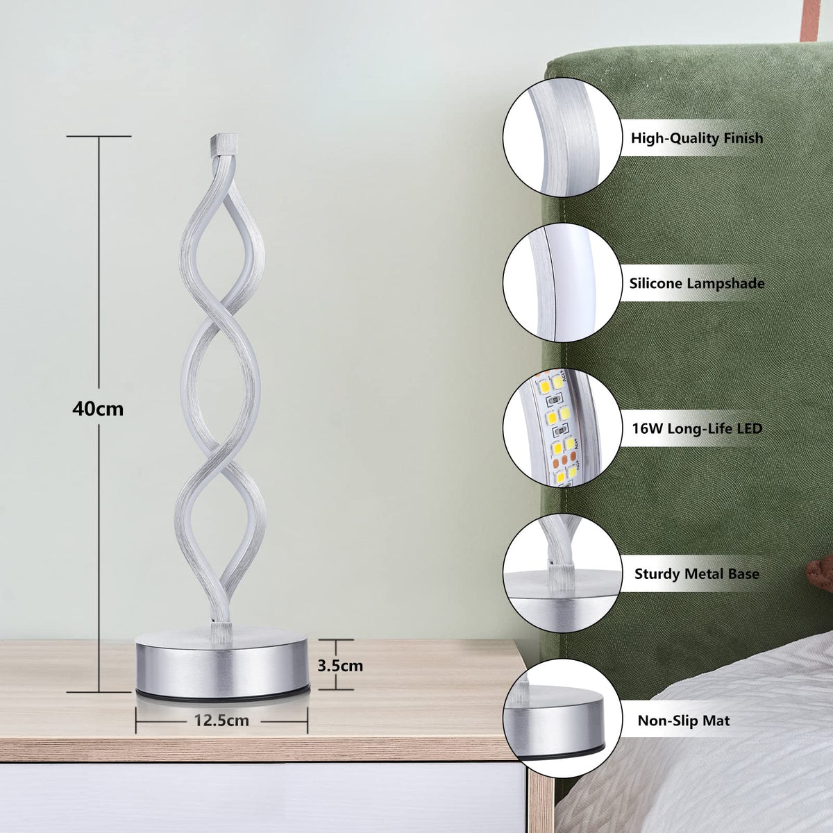 NUÜR Infinity Spiral LED Table Lamp Silver, Dimmable Metallic Bedside Lamp with Touch Controller, 3 Colour Temperature, 15.8 Inch Height, Decorative Lamp for Home, Living Room
