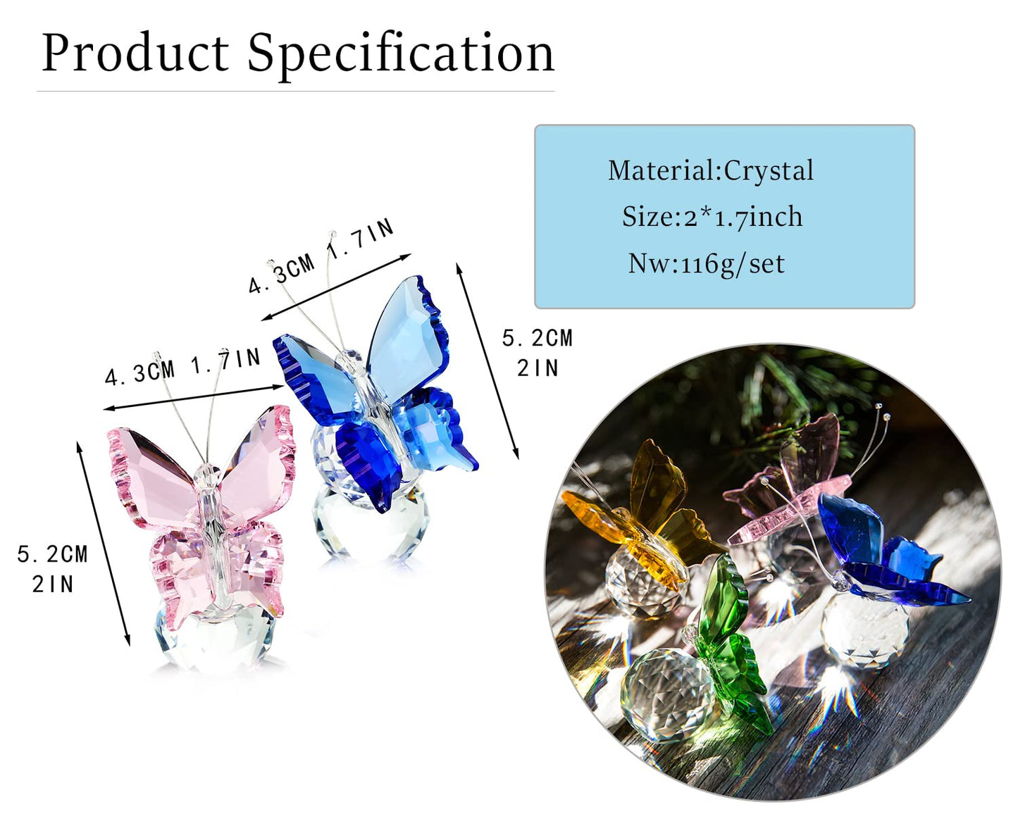 H&D HYALINE & DORA Crystal Butterfly Figurine Ornament with Ball Base, Glass Butterfly Animal Statue Table Decor Paperweight Gift, 2pcs