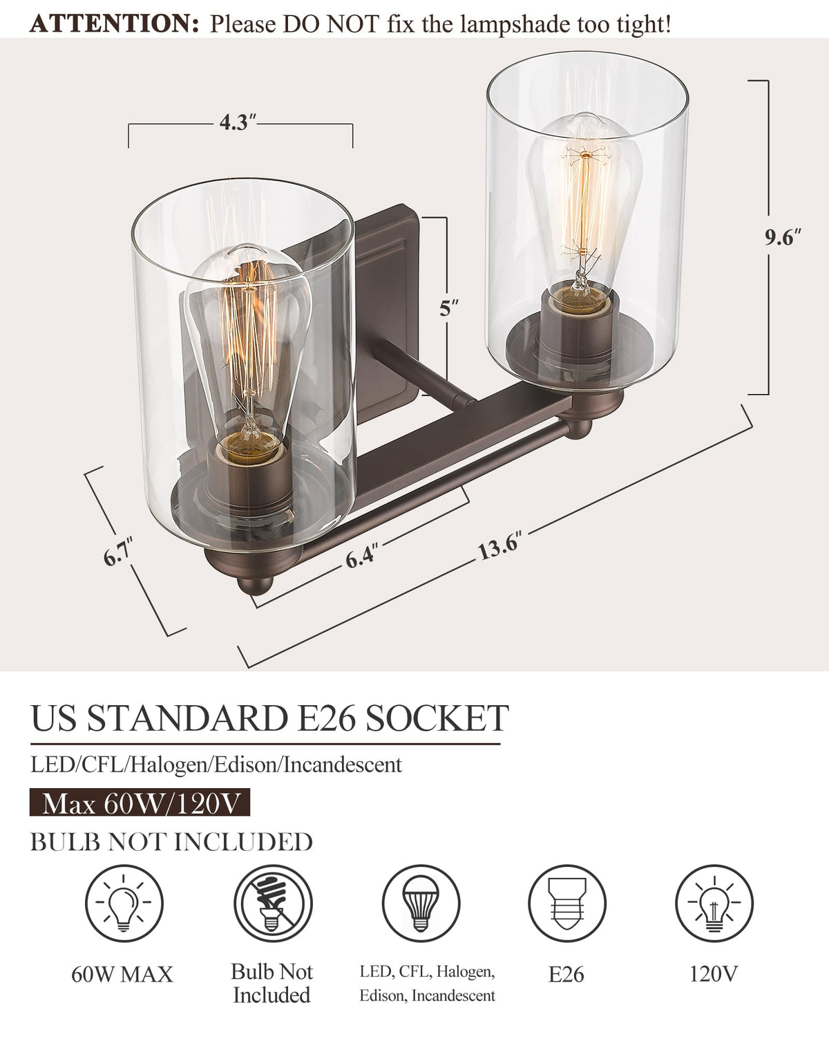 Vanity Lights for Bathroom, HWH Farmhouse 2 Light Vanity Wall Lamp with Oil-Rubbed Bronze Finish, Wall Lighting Over Mirror, Dressing Table, Powder Room, 5HLT63B-2W ORB