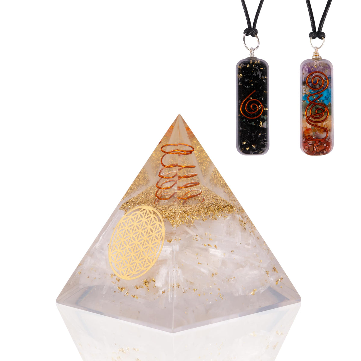 Agate Treasure Selenite Orgonite Pyramid – Energy Crystal for Clarity & Protection – Handmade Spiritual Decor for Meditation, Focus & Inner Peace