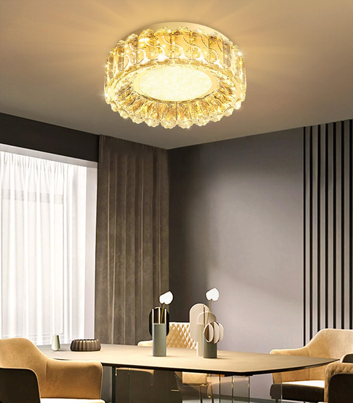 AFQEJG 12 Inch Dimmable Crystal Chandelier Modern LED Flush Mount Ceiling Light Fixtures for Bedroom Hallway Staircase Gold
