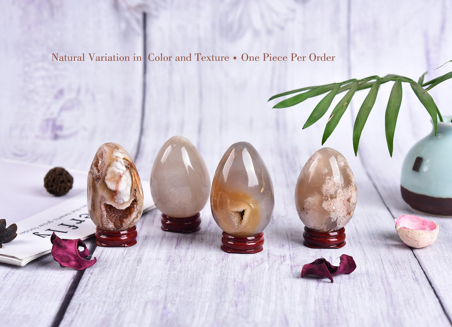 AMOYSTONE Sakura Agate Egg 2.3-2.7" Display Piece with Wood Stand for Office Decor - Unique Banded Natural Stone, Statement Shelf Decor for Living Room 5.3oz