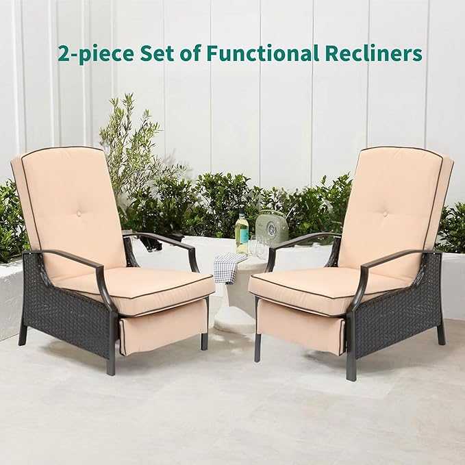 YITAHOME Outdoor Recliner Chair, 2-Piece Patio Adjustable Wicker Reclining Lounge Chairs, Dual-use Rattan Furniture Set with Soft Thick Cushions, Extended Footrest, Flip Back, Brown & Beige