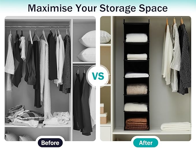 YOUDENOVA Hanging Closet Organizer, 6-Shelf Closet Hanging Storage Shelves