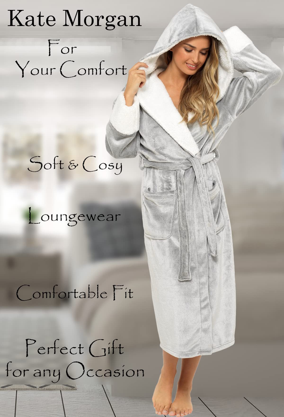 KATE MORGAN Ladies Soft & Cosy Hooded Dressing Gown (12-14, Grey Shimmer)