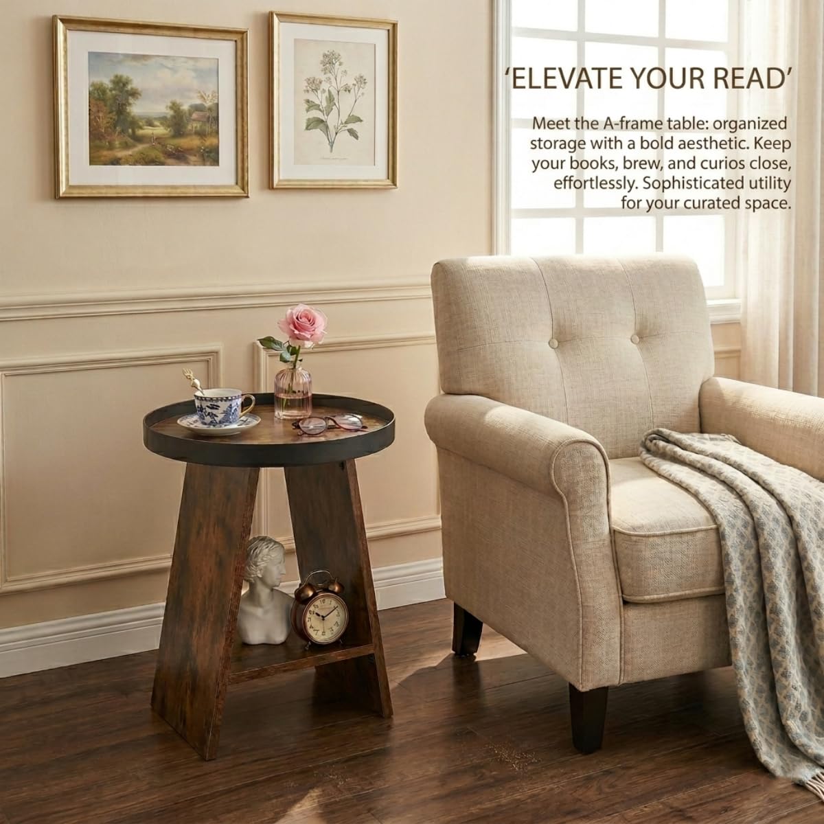 ZEXVIDA Round End Table with Tray Top, 2-Tier Rustic Side Table with Storage Shelf, Modern Farmhouse Industrial Wood Nightstand for Living Room, Bedroom, Small Spaces (Rustic Brown)