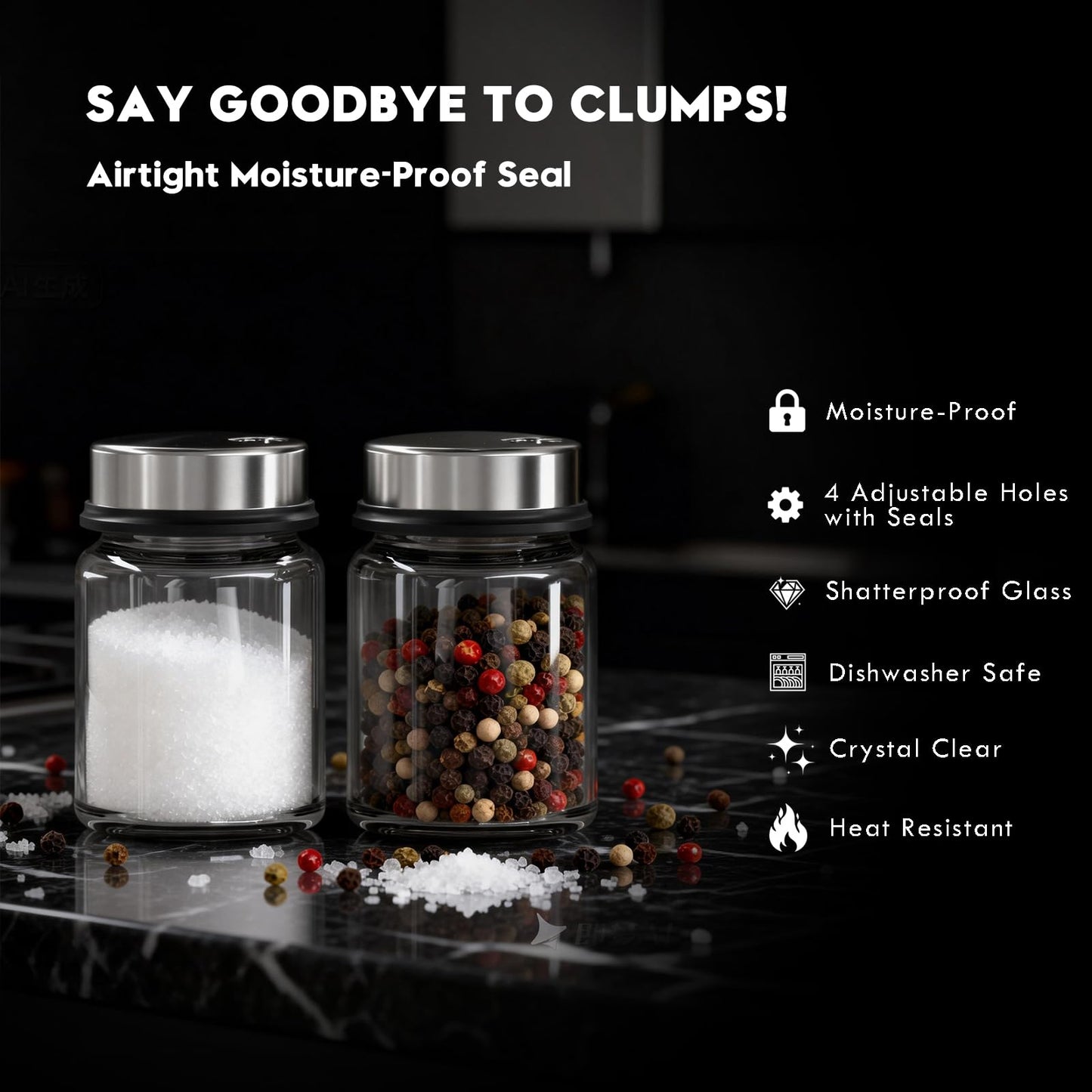 Shatterproof Glass Salt and Pepper Shakers Set Leak & Moisture Proof - 4 Adjustable Holes Precision Control - 5oz Borosilicate Glass Sugar & Spice Jars with Stainless Lid, Wide-Mouth, Dishwasher Safe