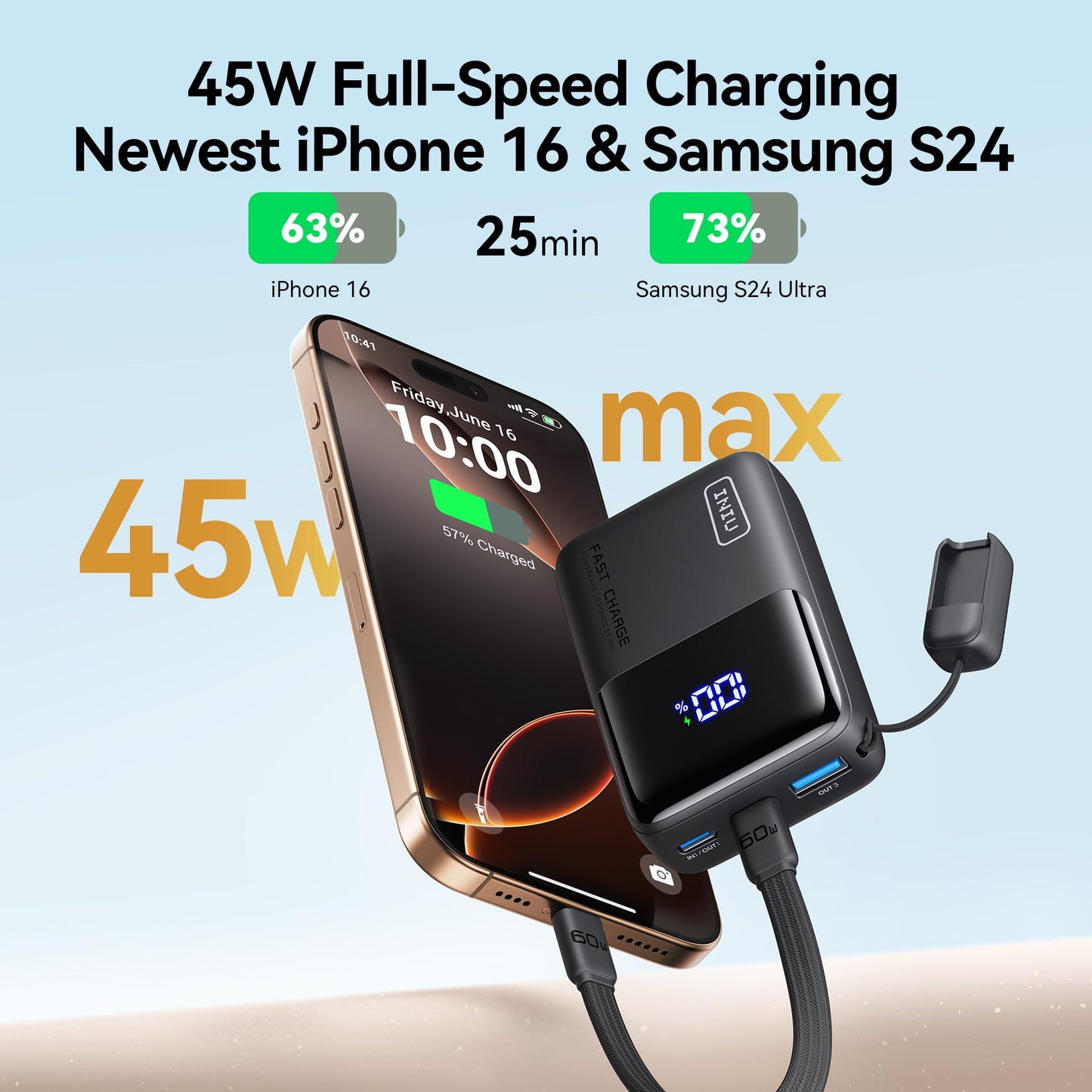 INIU Pocket Size Portable Charger, Ultra Small 10000mAh 45W PD Power Bank, USB C in&Out Fast Charging Battery Pack, Travel Essentials Powerbank for iPhone 17 16 15 14 Pro Air, Xiaomi, Samsung S24 etc
