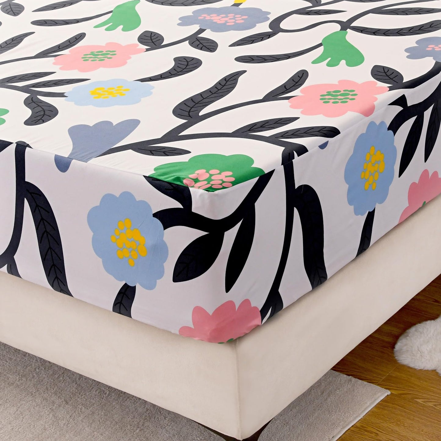 NATURETY Bedding Fitted Sheet with Deep Pocket Mattress Cover Sheets,Colorful Flowers Printed Fabric Bed Sheets (Floral, Queen)