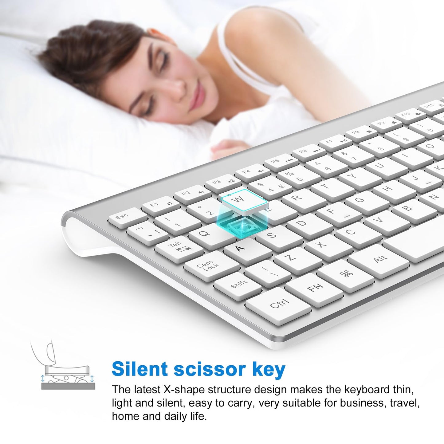 cimetech Wireless Keyboard, 2.4G, Ergonomic with Number Pad, Silent USB, PC, Laptop, Desktop, Windows 10/8/7/XP - Silver White