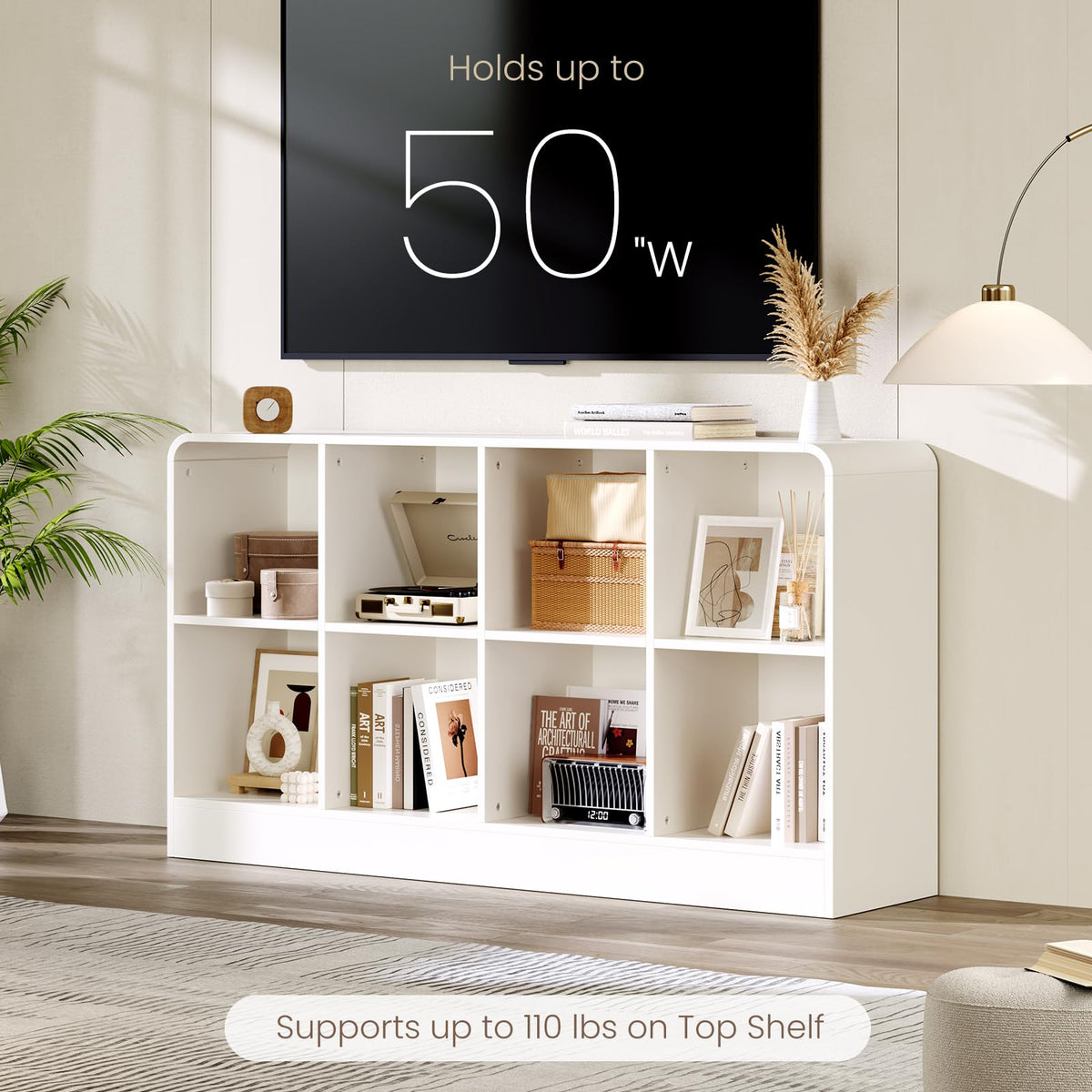 EXPERLAM White 8 Cube Storage Organizer with Rounded Edges and Reinforced Base, Low Horizontal Cube Bookshelf, Wooden Cube Shelf Bookcase for Living Room, Kids Room, Bedroom, TV Stand
