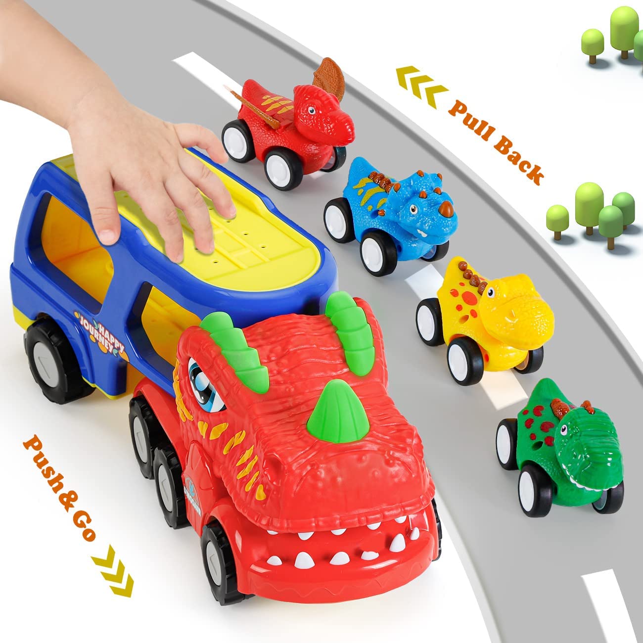 INSTOY Toddler Truck Toys for 2 3 4 5 Year Old Boys Gifts, 5-Pieces Dinosaur Car Toys for Boys Age 2 3 4 5 6, Monster Truck Toy for Kids 2-4, Pull Back Cars for Toddlers Girls Age 2-5 Birthday Gifts
