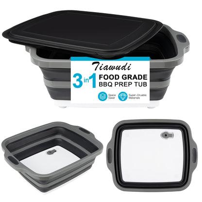 Tiawudi Large Collapsible BBQ Prep Tub with Lid(4.22 Gal/16L), Foldable Camping Sink with Colander, Cutting Board, Dish Basin for Kitchen, Bowl, Vegetable and Fruit, Storage Basket for Picnic