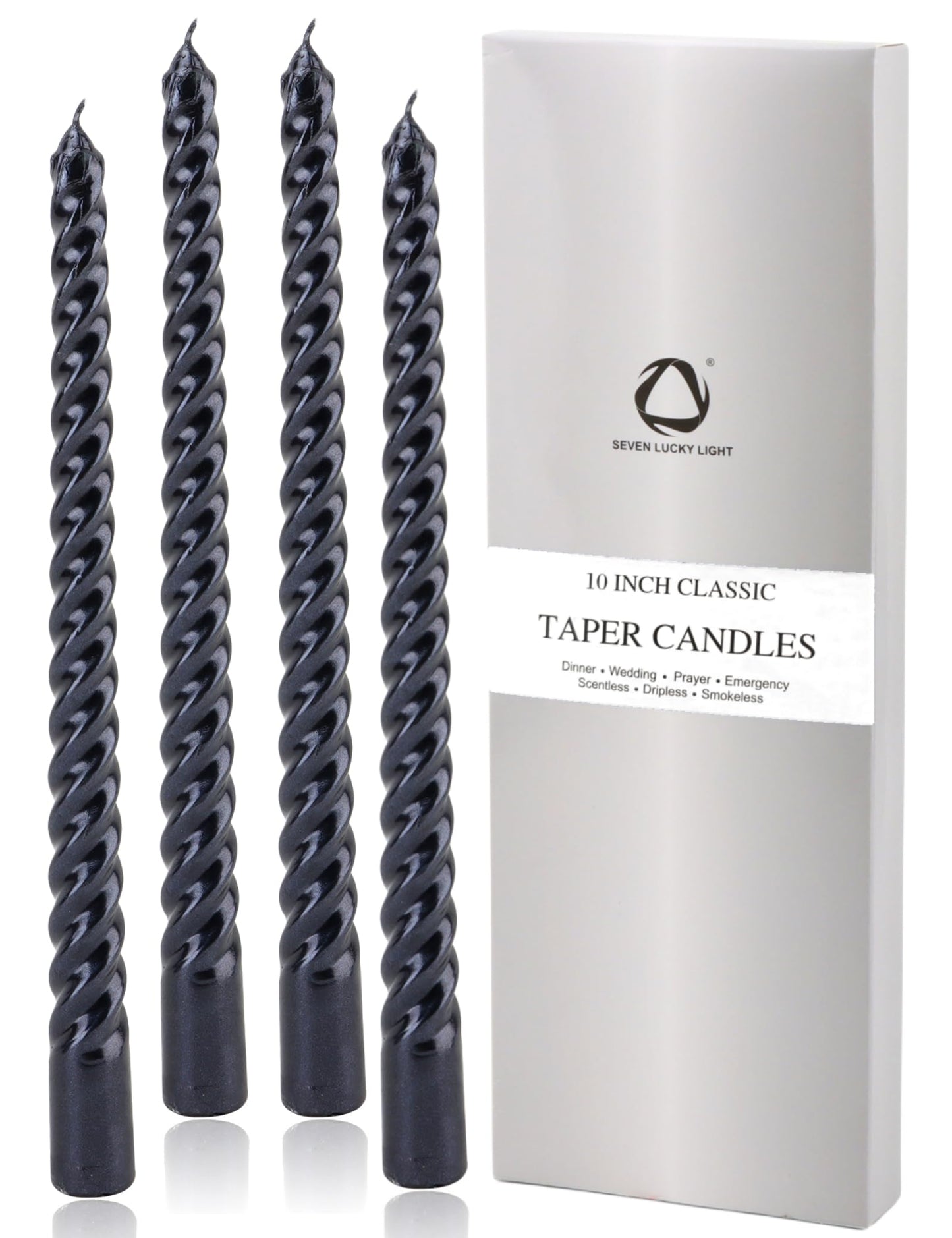 SEVEN LUCKY LIGHT Halloween Candles,10 inches Spiral Design Black Taper Candles Set of 4,Metal Style Ture Dripless Candlesticks,Clean Burning Candle Sticks