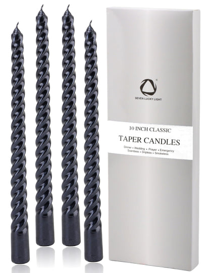 SEVEN LUCKY LIGHT Halloween Candles,10 inches Spiral Design Black Taper Candles Set of 4,Metal Style Ture Dripless Candlesticks,Clean Burning Candle Sticks