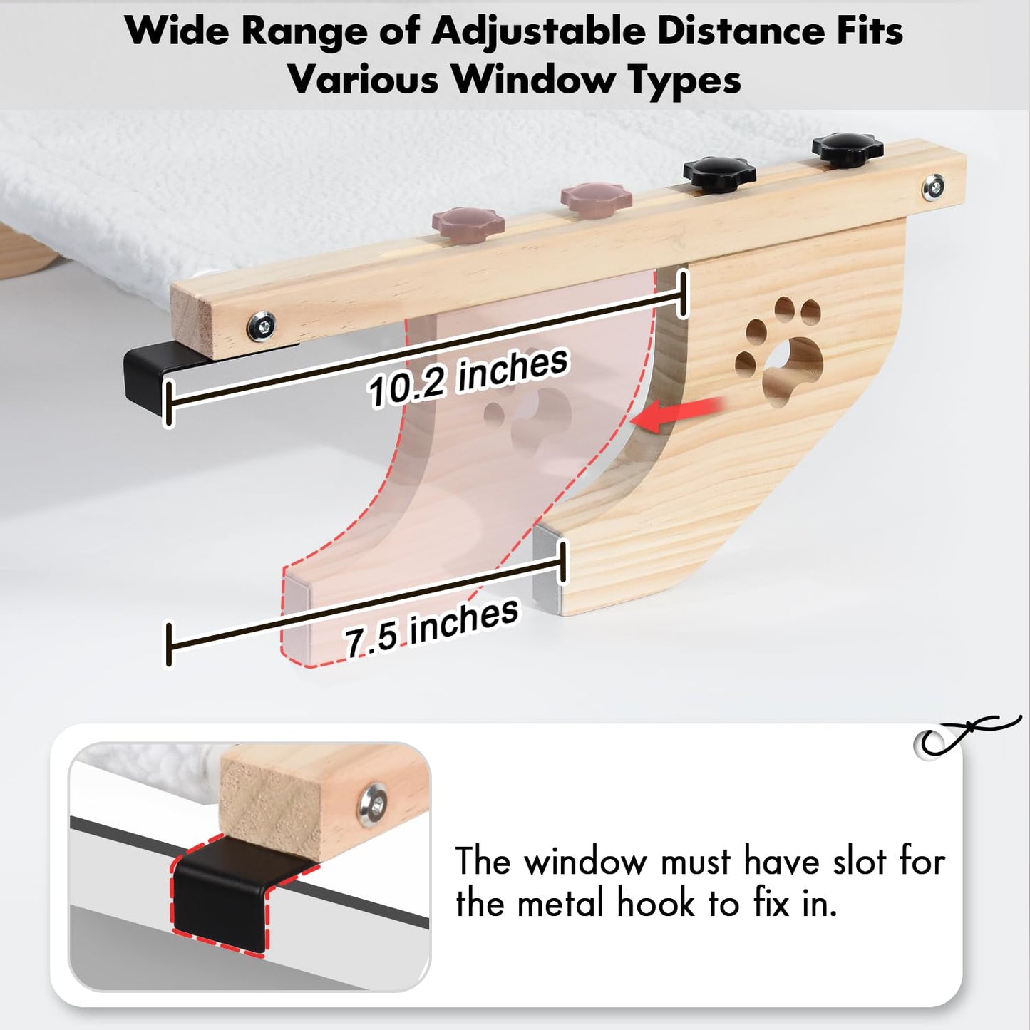 AMOSIJOY Cat Sill Window Perch Sturdy Cat Hammock Window Seat with Wood & Metal Frame for Large Cats, Easy to Adjust Cat Bed for Windowsill, Bedside, Drawer and Cabinet (21.7''-White Plush)