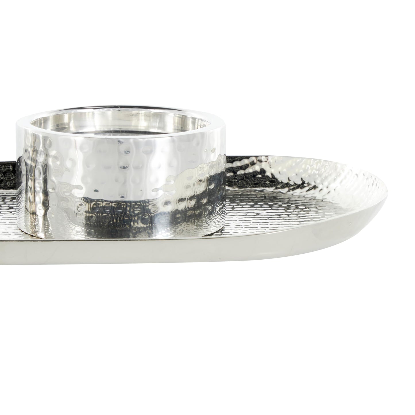 Deco 79 Stainless Steel Metal Decorative Candle Holder Hammered Candle Stand with Oval Tray Plate, Candlestick Holder 16" x 7" x 2", Silver