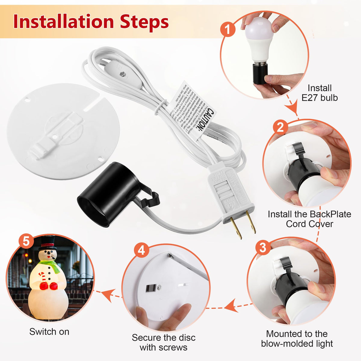 Meonum 2 Set Blow Mold Light Kit Replacement, E27 E26 Single Light Cord Kit with Switch Fuse Plug, for Indoor Outdoor Halloween Christmas Village House Craft Decorations and Salt Lamp