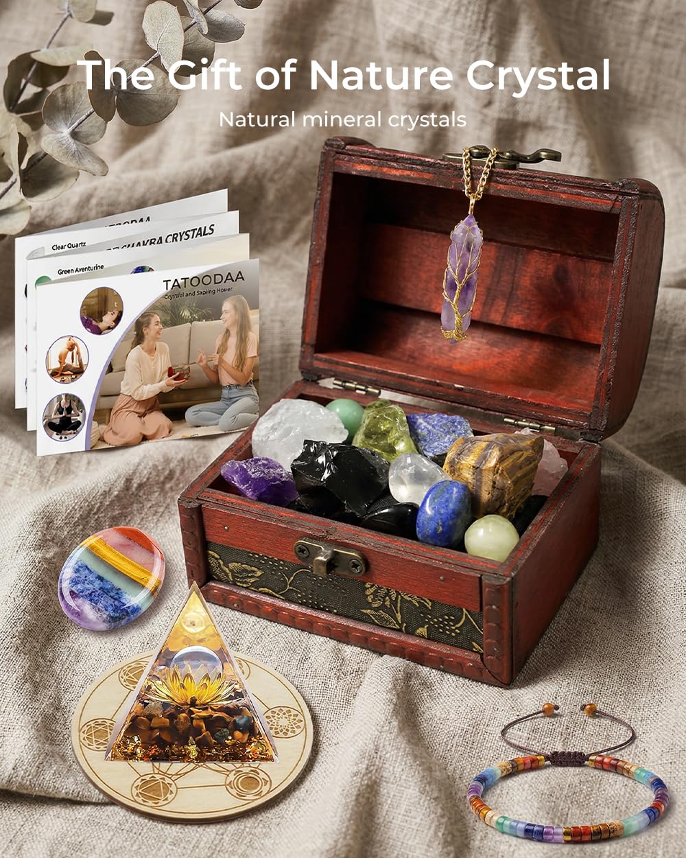 Crystals and Healing Stones Set - Chakra Crystals, Thumb Worry Stones, Golden Orgone Pyramid for Positive Energy - Flower of Life, Chakra Bracelets, 7 Chakra Stones Set, Birthday Gifts for Women