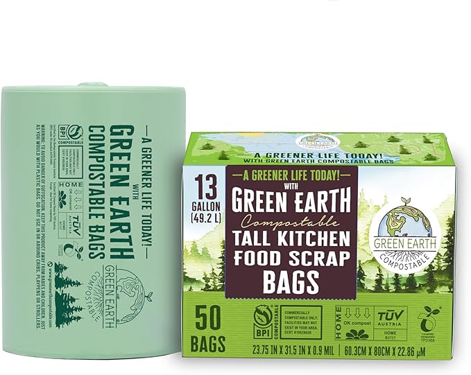 Green Earth Compostable Tall Kitchen Food Scrap Trash Bags, Superior Strength