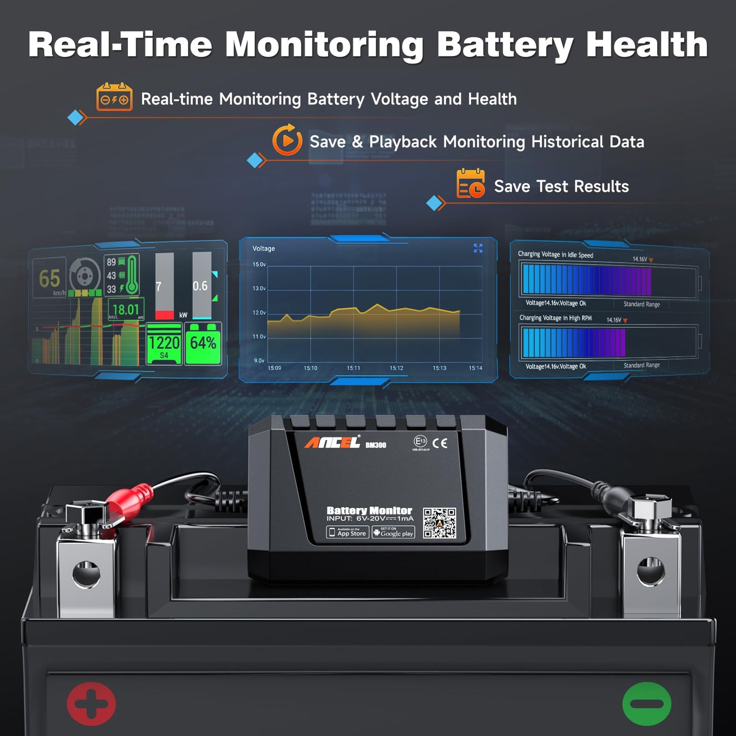 ANCEL BM300 12V Battery Monitor, Bluetooth 4.0 Automotive Voltmeter with Charging, Cranking System Test & Alarm - Compatible for Solar Power Systems, RVs, Motorcycles, Boats, Cars, and Trucks