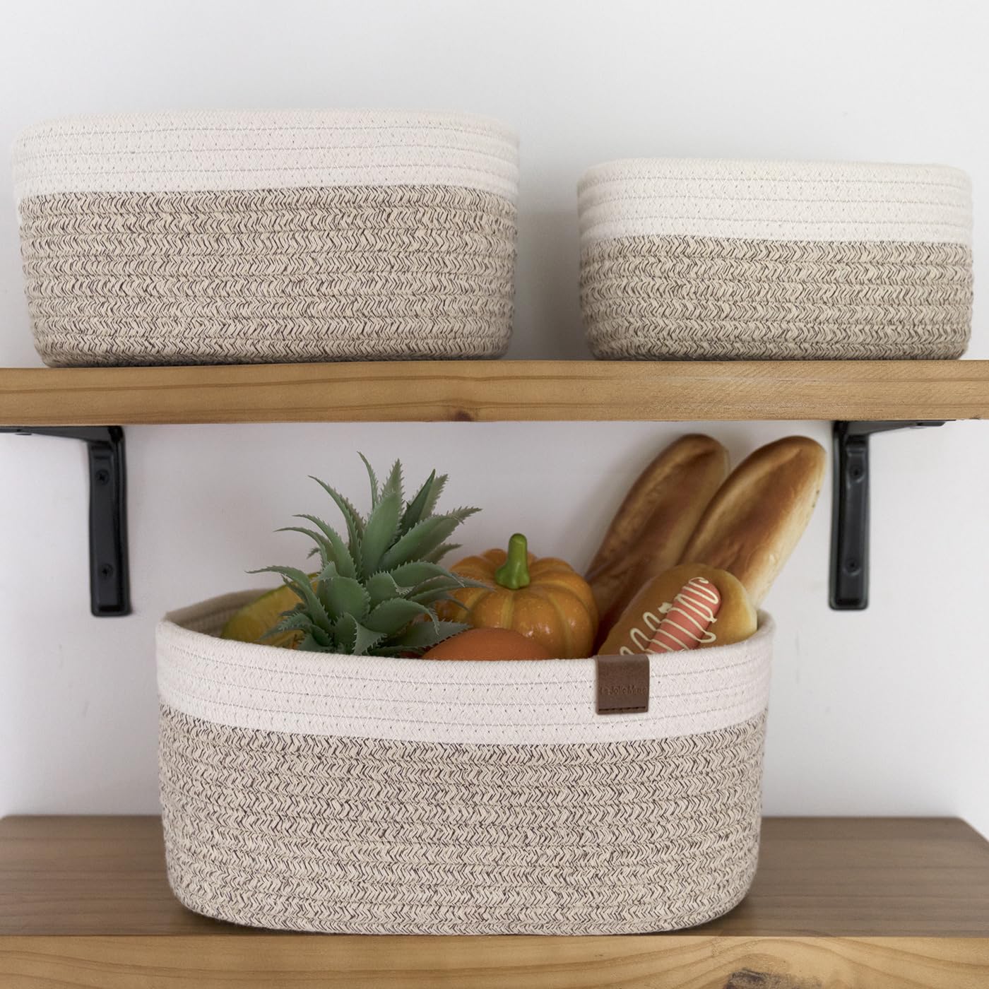 LA JOLIE MUSE Storage Baskets, Cotton Rope Woven Bathroom Storage Basket Set of 3, Small Basket Box Organizer Bins With Handles