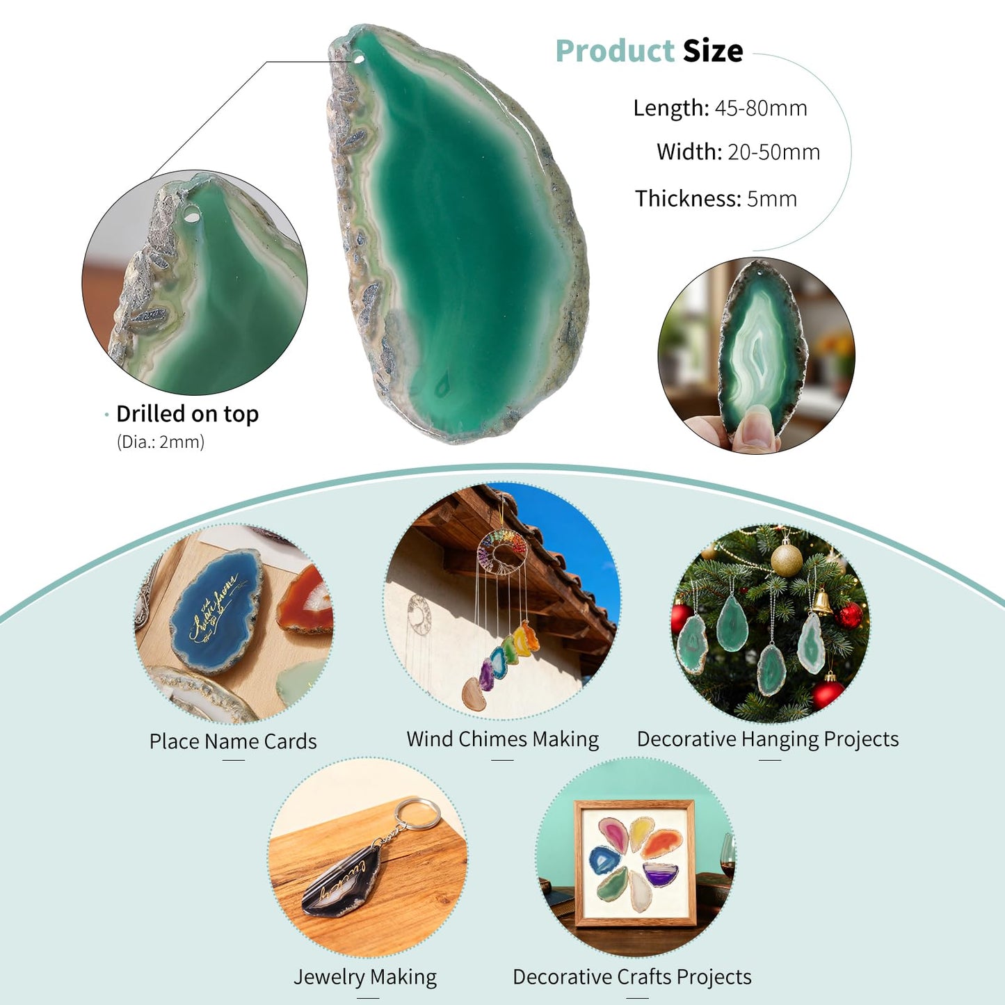 dssmboom Set of 10 Irregular Agate Slice for Jewelry Making, Polished Drilled Holes Agate Stone Geode for Home Decoration Place Name Cards DIY, Green