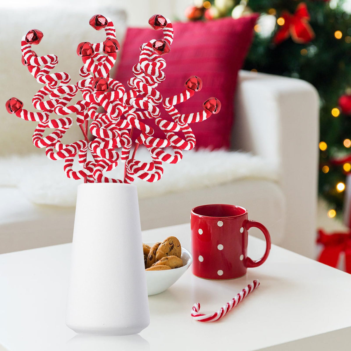 RINOLY 6 Pcs Christmas Tree Topper,17 in Red/White Candy Cane Christmas Decorations, Curly Christmas Tree Picks Gingerbread Tree Picks Candy Cane Ornaments Holiday Decors Vase Filler