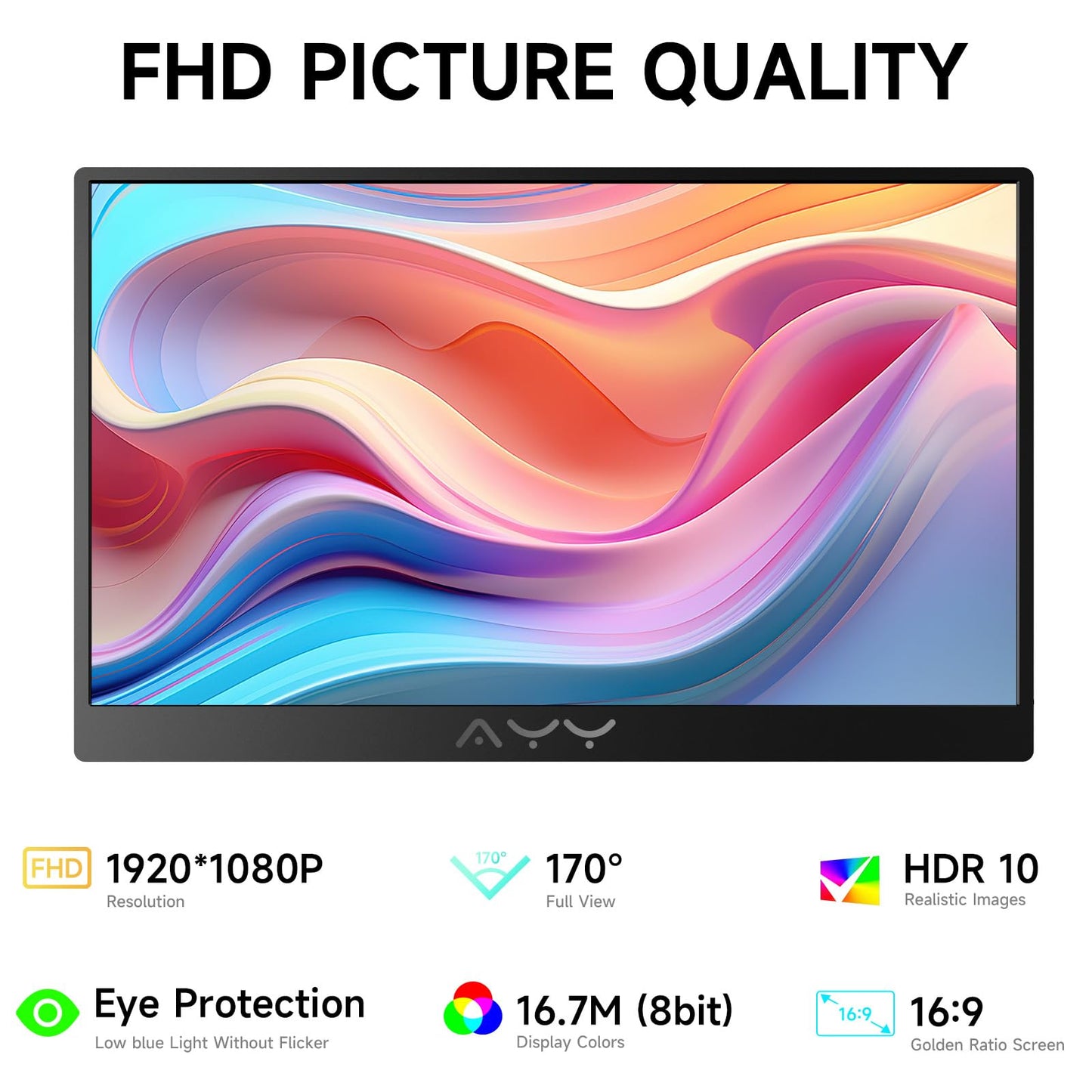 AYY Portable Monitor for Laptop 15 Inch, FHD 1080P USB-C HDMI Travel Monitor External for Computer, Second Display HDR IPS Gaming Monitor Extender for PC MAC Phone PS4/5 Xbox Switch, Built-in Speakers